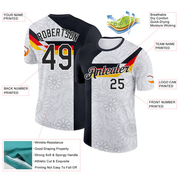 Custom White Black Red-Yellow Germany Flower Performance T-Shirt
