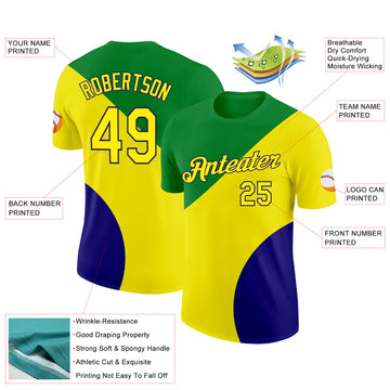 Custom Green Light Yellow-Dark Purple Brazil Color Blocks Performance T-Shirt