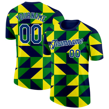Custom Navy US Navy Blue Green Yellow-White Brazil Geometric Shape Performance T-Shirt