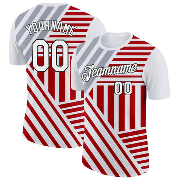 Custom White Red Gray-Black England Stripe Performance T-Shirt