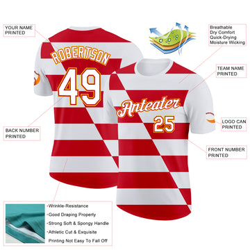 Custom White Red-Gold England Stripe Performance T-Shirt