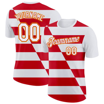 Custom White Red-Gold England Stripe Performance T-Shirt