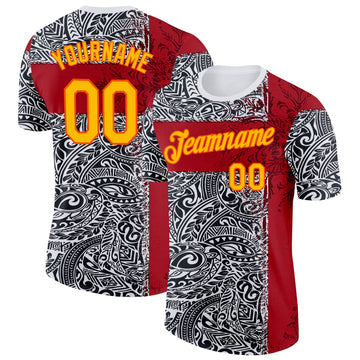 Custom Black Gold Red Orange-White England Polynesian Tribal Performance T-Shirt