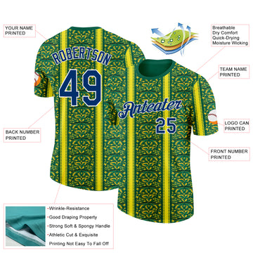 Custom Green US Navy Blue Yellow-White Brazil Ethnic Tribal Performance T-Shirt
