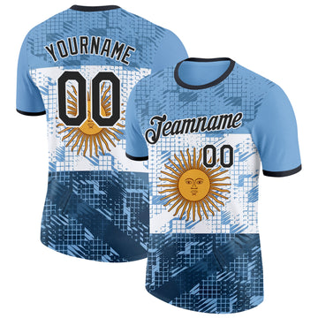 Custom Blue Black-White Argentina Sun Geometric Shape Performance T-Shirt