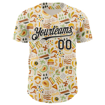 Custom Cream Black 3D Pattern Design Foodie Abstract Doodles Authentic Baseball Jersey
