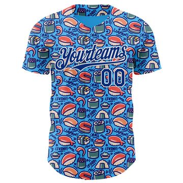 Custom Sky Blue Royal-White 3D Pattern Design Foodie Sushi Doodle Authentic Baseball Jersey