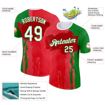 Custom Red White-Grass Green Portugal Grunge Splash Brush Stroke Polka Dot Performance T-Shirt