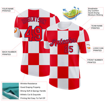 Custom White Fire Red-US Navy Blue Croatia Plaid Performance T-Shirt