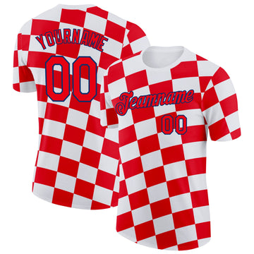 Custom White Fire Red-US Navy Blue Croatia Plaid Performance T-Shirt