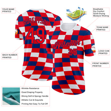 Custom White Fire Red-US Navy Blue Croatia Plaid Performance T-Shirt