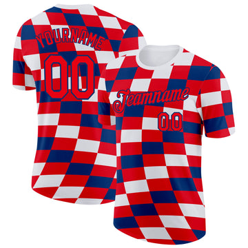 Custom White Fire Red-US Navy Blue Croatia Plaid Performance T-Shirt