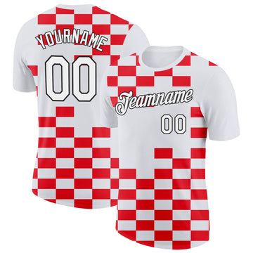 Custom White Black-Red Croatia Plaid Performance T-Shirt