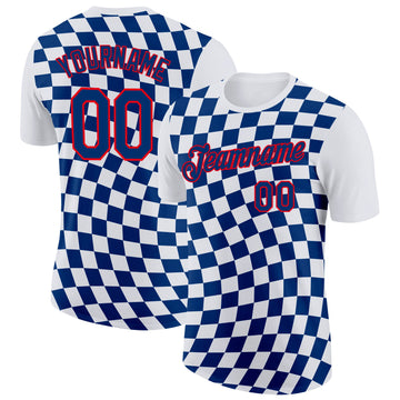 Custom White US Navy Blue Fire Red-Blue Croatia Plaid Performance T-Shirt