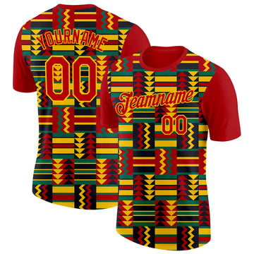 Custom Red Yellow Kelly Green-Black Ghana Geometric Performance T-Shirt