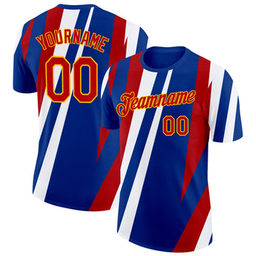 Custom Royal Red Gold-White France Lines Performance T-Shirt