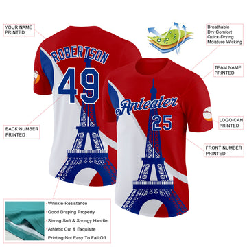 Custom Red Royal-White Eiffel Tower Performance T-Shirt