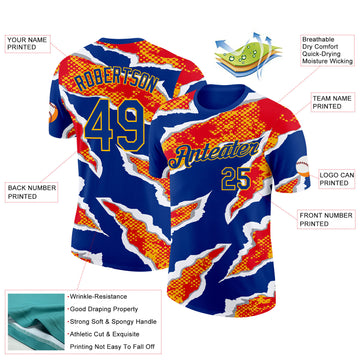 Custom Royal Red-Gold Spain Claw Rip Torn Performance T-Shirt