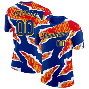 Custom Royal Red-Gold Spain Claw Rip Torn Performance T-Shirt