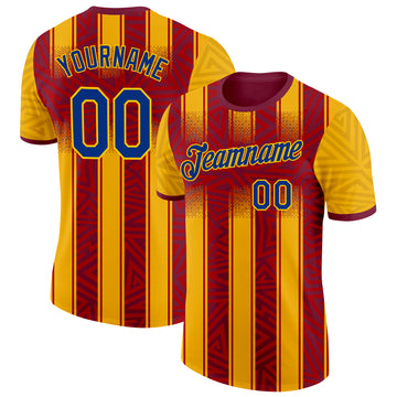 Custom Gold Royal-Red Spain Geometric Stripe Performance T-Shirt