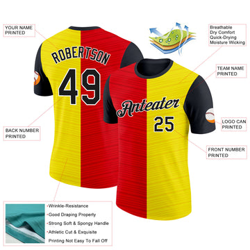 Custom Gold Black Red-White Spain Split Stripe Performance T-Shirt