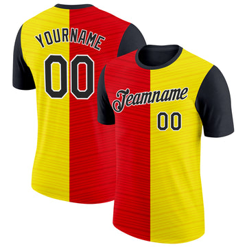 Custom Gold Black Red-White Spain Split Stripe Performance T-Shirt