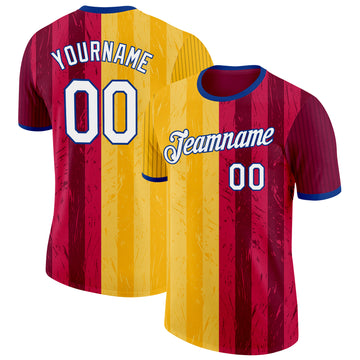 Custom Red White Yellow-Royal Spain Stripe Splash Performance T-Shirt