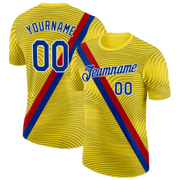 Custom Yellow Royal Red-White Spain Wave Stripe Performance T-Shirt