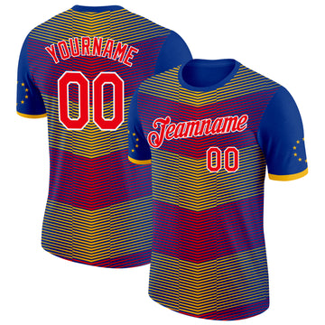 Custom Royal Fire Red Yellow-White Cape Verde Stripe Star Performance T-Shirt