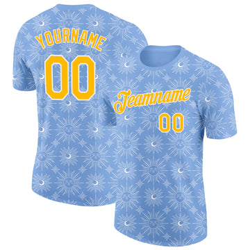 Custom Light Blue Gold-White Uruguay Sun Performance T-Shirt