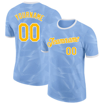Custom Light Blue Gold-White Uruguay Geometric Performance T-Shirt