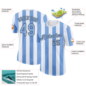 Custom White Light Blue-Black Uruguay Stripe Performance T-Shirt