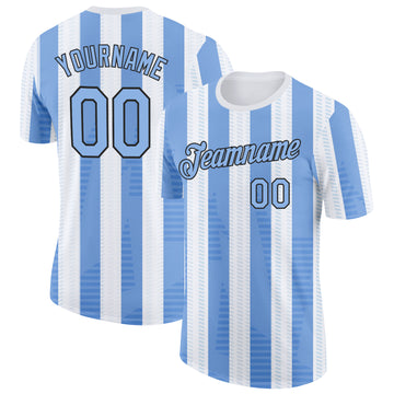 Custom White Light Blue-Black Uruguay Stripe Performance T-Shirt