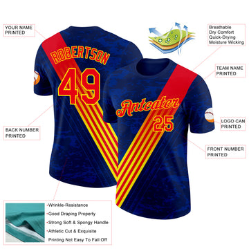 Custom Navy Fire Red-Light Yellow Spain Stripe Performance T-Shirt