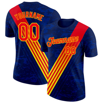 Custom Navy Fire Red-Light Yellow Spain Stripe Performance T-Shirt