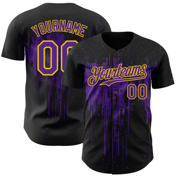 Custom Black Purple-Yellow 3D Pattern Design Dripping Splatter Paint Authentic Baseball Jersey