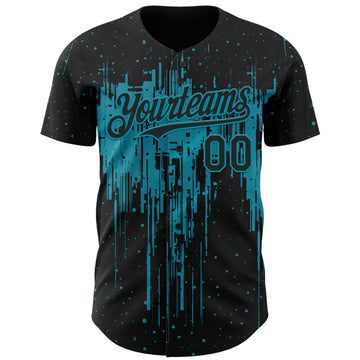 Custom Black Teal 3D Pattern Design Dripping Splatter Paint Authentic Baseball Jersey