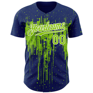 Custom Royal Neon Green-White 3D Pattern Design Dripping Splatter Paint Authentic Baseball Jersey