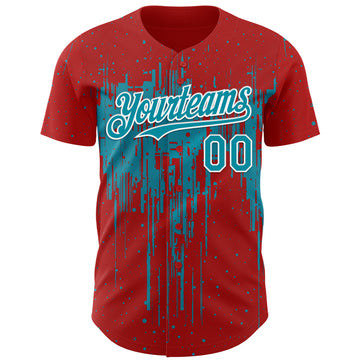 Custom Red Teal-White 3D Pattern Design Dripping Splatter Paint Authentic Baseball Jersey