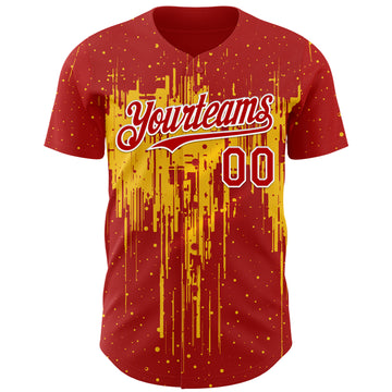 Custom Red White-Yellow 3D Pattern Design Dripping Splatter Paint Authentic Baseball Jersey