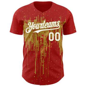 Custom Red White-Old Gold 3D Pattern Design Dripping Splatter Paint Authentic Baseball Jersey