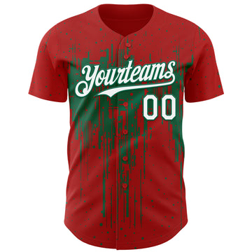 Custom Red White-Kelly Green 3D Pattern Design Dripping Splatter Paint Authentic Baseball Jersey