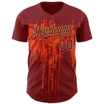 Custom Crimson Old Gold Orange 3D Pattern Design Dripping Splatter Paint Authentic Baseball Jersey