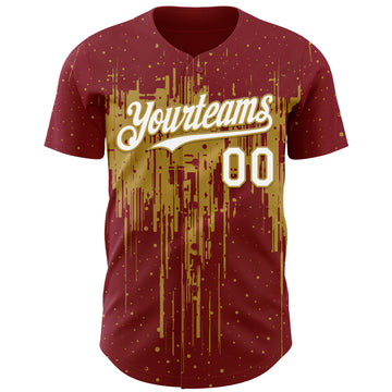 Custom Crimson White-Old Gold 3D Pattern Design Dripping Splatter Paint Authentic Baseball Jersey