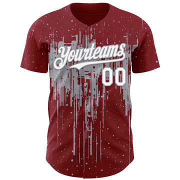 Custom Crimson White-Gray 3D Pattern Design Dripping Splatter Paint Authentic Baseball Jersey