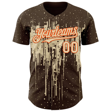 Custom Brown Cream-Orange 3D Pattern Design Dripping Splatter Paint Authentic Baseball Jersey