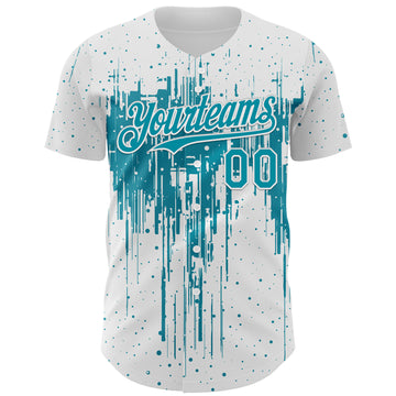Custom White Teal-White 3D Pattern Design Dripping Splatter Paint Authentic Baseball Jersey