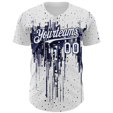 Custom White Navy 3D Pattern Design Dripping Splatter Paint Authentic Baseball Jersey