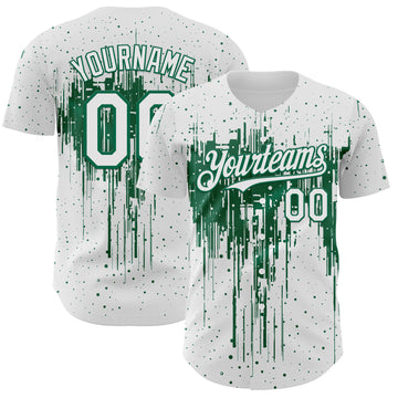 Custom White Kelly Green 3D Pattern Design Dripping Splatter Paint Authentic Baseball Jersey