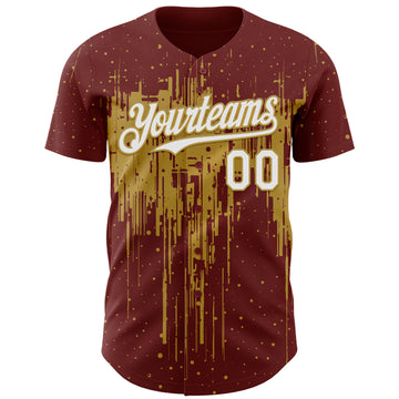 Custom Burgundy White-Old Gold 3D Pattern Design Dripping Splatter Paint Authentic Baseball Jersey